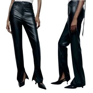 Zara Black Straight Leg Flare Slit Long Length Soft Faux Leather Stretchy Pants
